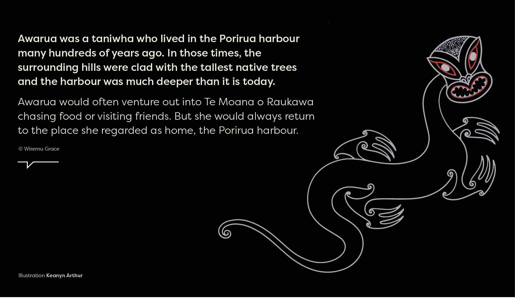Awarua, the taniwha of Porirua harbour — illustration by Keanyn Arthur